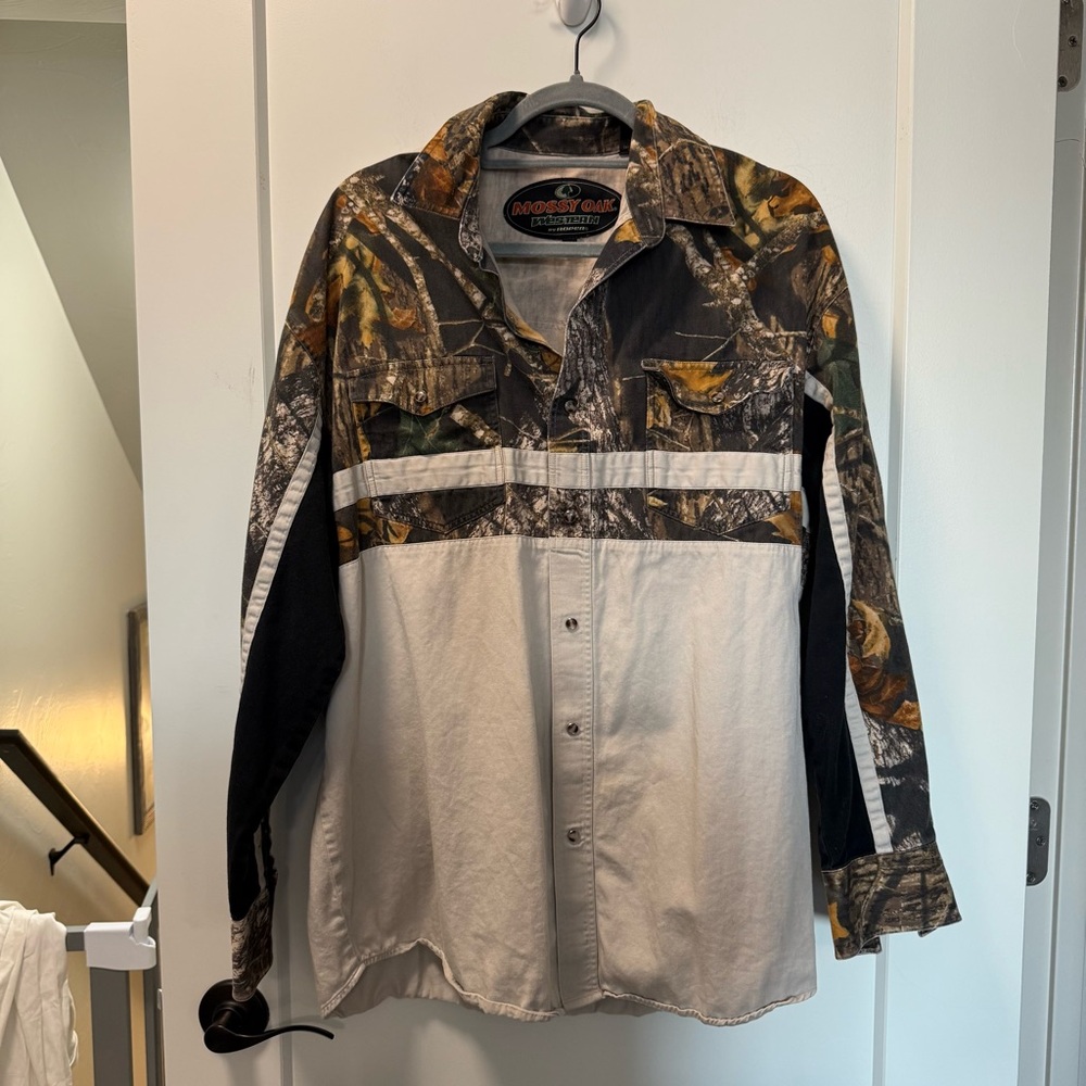 Mossy Oak Western by Roper Camo Tan Two Tone Snap Up Shirt Long Sleeve Cotton XL